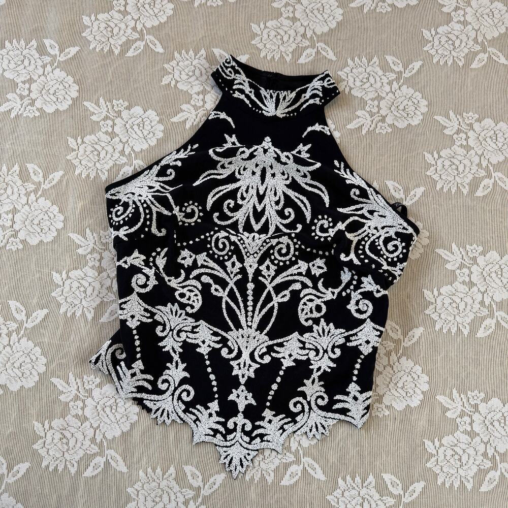 Vintage Couture International Black & White Embroidered Halter Top Size US 12